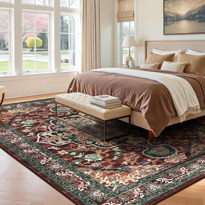U'Artlines Boho Vintage Area Rug 9x12 Machine Washable Carpet, Rust＆Teal | Low Pile, Non Slip, Ultra-Thin Soft Floor Carpet, Accent Rug for Living Room Bedroom Dining Room Office