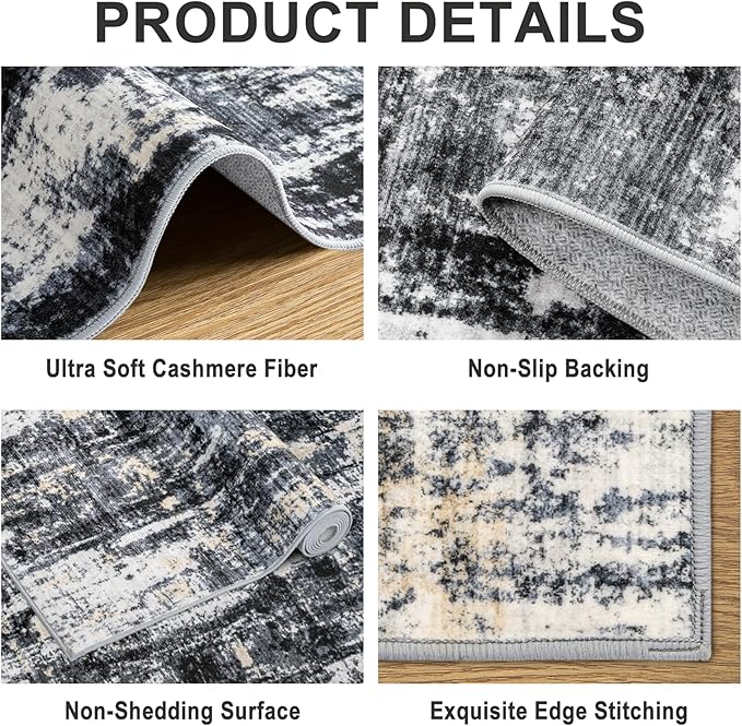 PLHXFR Area Rug Living Room: 4x6 Abstract Washable Carpet Black Gold | For Bedroom Dining Room Farmhouse Nursery Home,Machine washable,Non Slip,Large Soft Neutral,Stain Resistant, Indoor Floor