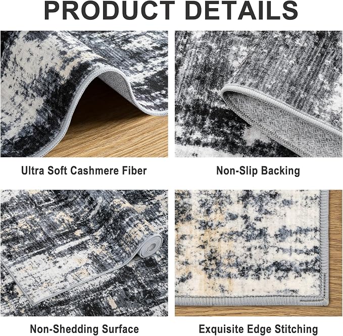 PLHXFR 10x14 Area Rug Living Room: Abstract Washable Carpet Black Gold | For Bedroom Dining Room Farmhouse Nursery Home,Machine washable,Non Slip,Large Soft Neutral,Stain Resistant, Indoor Floor