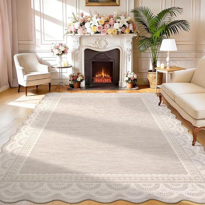 Garvee 9x12 Scalloped Lace Rug for Living Room Washable Soft Rugs Beige | Non Slip Low Pile Rug, Non-Shedding Carpet for Bedroom Playroom Kids Room, Stain Resistant Rugs, Solid Rug for Girls Room