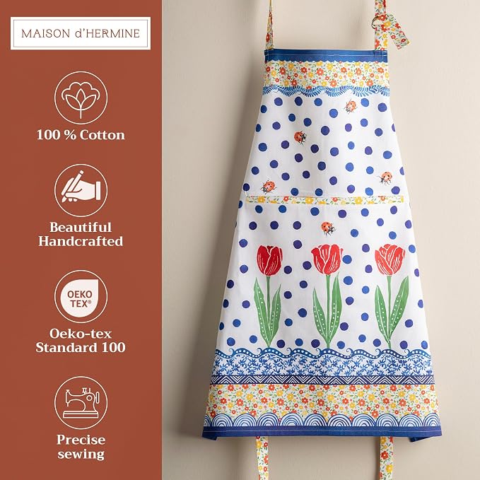 Maison d' Hermine Aprons for women with Pocket 100% Cotton (27.50"x31.50") | Adjustable Neck Strap & long ties Apron Men Chef Wedding Cooking Gardening Server Maid