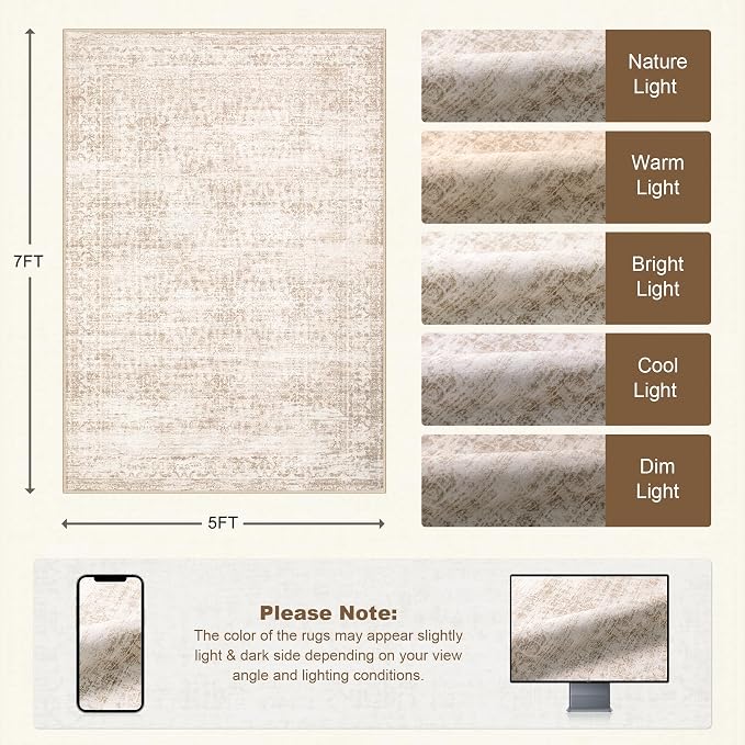 5x7 Area Rugs Living Room: Washable Rug for Bedroom Beige Brown | Boho No Slip Stain Resistant Rug Soft Indoor Decor Floor Floral 5x7 Area Rugs for Dining Room, Nursery, Hallway, Home Office