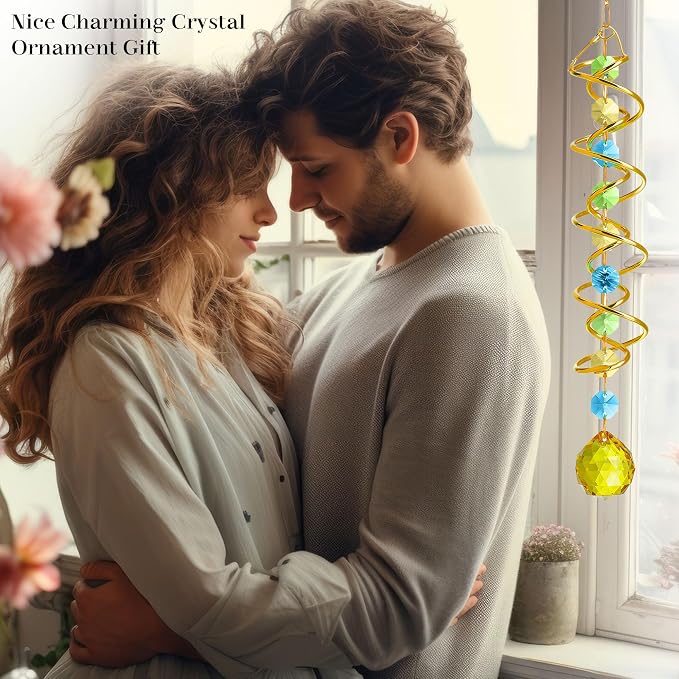 20.5in Yellow Crystal Gazing Ball Spiral Wind Spinner Suncatcher Decor | Yellow Crystal Ball Gazing Spiral Wind Spinner Rainbow Maker Sun Catcher Hanging for Outdoor Garden Patio Indoor Decor