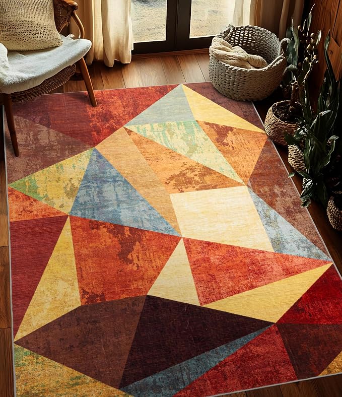 Brown Area Rug 4x6,Geometric Burnt Orange Area Rug Non Slip,Farmhouse Rugs Washable,Vintage Burgundy Carpets for Bedroom, Boho Rug for Kitchen,Dining Room