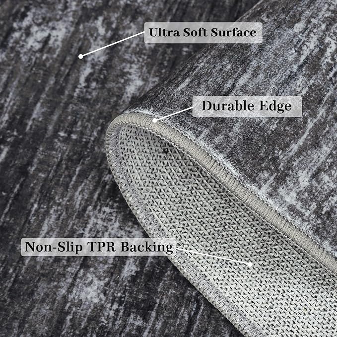GarveeHome 8x10 Large Living Room Rug Machine Washable Area Rugs for Bedroom, Modern Solid Color Rugs with Rubber Backing, Stain Resistant Low Pile Neutral Mats for Bedroom, Dining Room, Dark Grey