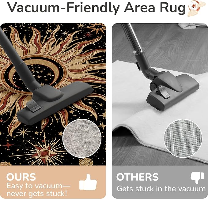Vacuum-Friendly, Round 4ft Washable Area Rug, Black Gold Beige Red | Sun and Moon Boho Gothic Non-Slip Low Pile Living Roon Bedroom Dining Room Kitchen Entry Entryway Entrance Hallway Doormat