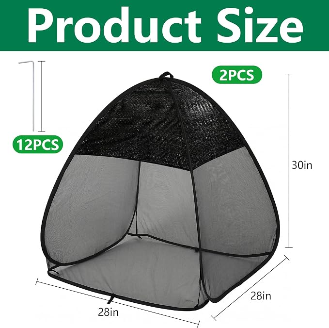 2 Pcs Pop Up Garden Netting Bug and Shade Covers, 30" x 28" x 28" Plant Sun Shade Top Bird Netting Tents, Insect Barrier Sun Protection Plant Cover Tent for Outdoor Plants Vegetables Fruits (Black)