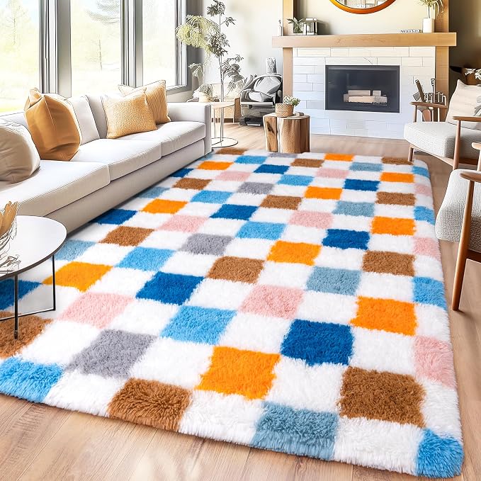 Checkered Rug 8x10 for Living Room, Ultra Shag Large Rainbow Area Rug for Bedroom, Modern Plush Soft Upgrade Non-Slip Fluffy Fuzzy Carpet for Kids Girls Room, Dorm Home Decor