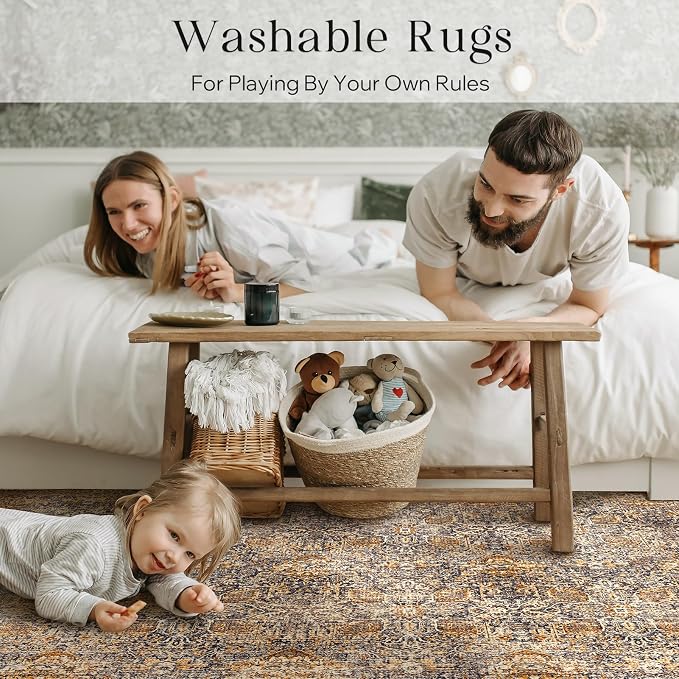 Phantoscope Washable Area Rug 4'x6' Non-Slip, Vintage Neutral Rugs for Living Room, Bedroom, Dining Room, Distressed Boho Floral Medallion Pattern, Low-Pile Foldable Carpet, Brown/Charcoal Spice