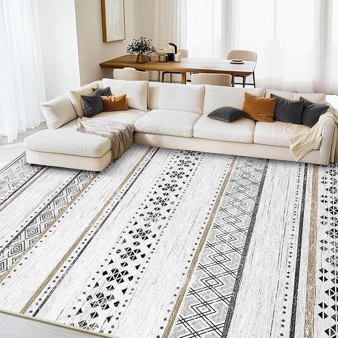 8x10 Washable Area Rugs for Living Room Boho Bedroom Rug Black/Brown | Vacuum Friendly, Machine Washable, Non-Slip Rug, Stain Resistant, Moroccan Geometric, Low Pile Carpet, Dining Room Kitchen