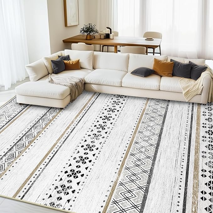 9x12 Washable Area Rugs for Living Room Boho Bedroom Rug Black/Brown | Vacuum Friendly, Machine Washable, Non-Slip Rug, Stain Resistant, Moroccan Geometric, Low Pile Carpet, Dining Room Kitchen