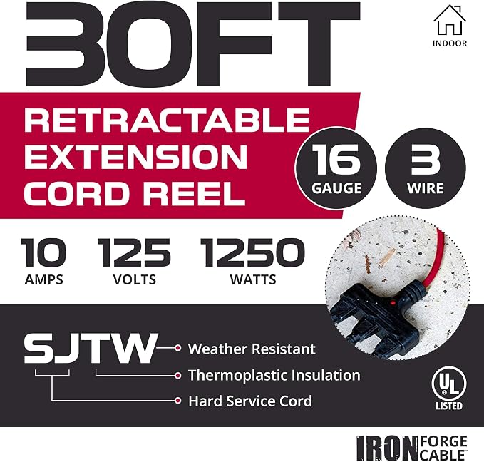 IRON FORGE CABLE 30Ft Retractable Extension Cord Reel with Breaker Switch & 3 Electrical Power Outlets - 16/3 SJTW Durable Red Cable - Perfect for Hanging from Your Garage Ceiling