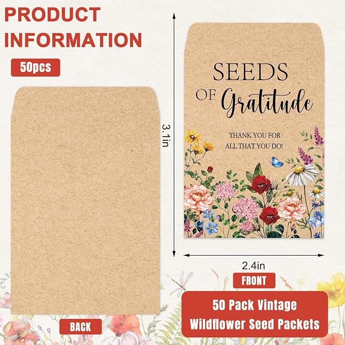 JarThenaAMCS 50 Sets Spring Wildflower Seed Packets Seeds of Gratitude Adhesive Kraft Envelopes Floral Seed Storage Bags with Thank You Tags for Guest Birthday Wedding Party Favors(No Seeds Include)