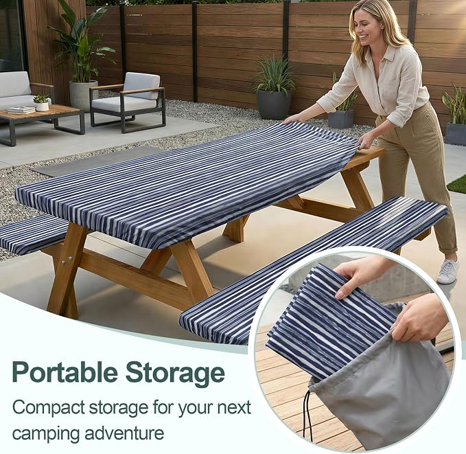 Play Tailor Picnic Table Cover with Bench Covers Camping Essentials Waterproof Windproof Camping Tablecloth with Drawstring Bag, Fitted Rectangle Tables and Seats, 72in, Navy Blue Stripes