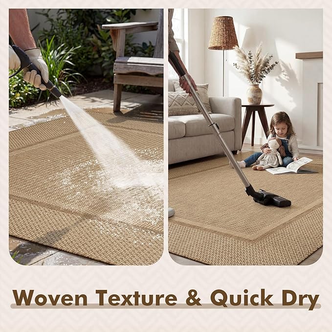 MontVoo-Outdoor Rug-Patio Rug 5x7 ft Polypropylene Indoor Outdoor Rugs Outdoor Carpet for Patio Deck Balcony Porch, Textured Weave, Durable for High Traffic, Fade-Resistant, Modern Neutral Brown