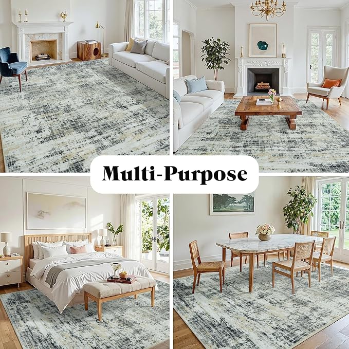 9x12 Washable Area Rug for Living Room Bedroom: Non-Slip Modern Black Gray | Machine Washable TPR Backing, Stain-Resistant Low Pile, Pet & Kid Friendly, Abstract Decor for Dining Room, Dorm, Home Office