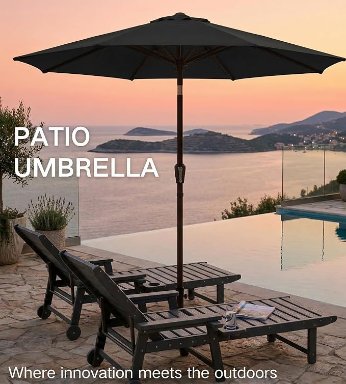 PatioKingdom 9FT Patio Outdoor Umbrella-UPF 50+ Sun Shade with Wind Vent, Push-Button Tilt & Smooth Crank Lift, Rust-Resistant Fiberglass Frame for Garden, Backyard,Yard (Black)