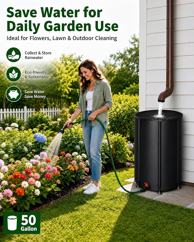 50 Gallon Collapsible Rain Barrel, Portable Rainwater Collection System, Water Storage Tank, Rain Catcher Barrel with Spigots and Overflow Kit,Rainwater Barrels Collector for Garden, Black