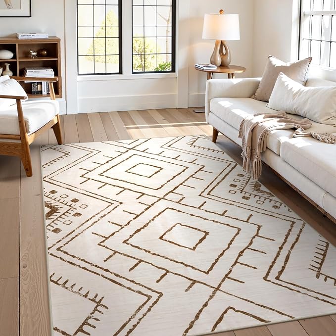 LIVEBOX Western 5x7 Area Rug, Beige Washable Rugs for Living Room Bedroom, Non Slip Moroccan Tribal Rug Low Pile Geometric Soft Boho Area Rugs Diamond Carpet for Dining Room, Nursery Room, Playroom