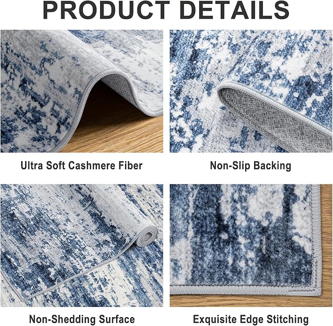 PLHXFR 10x14 Area Rug Living Room: Abstract Washable Carpet Blue Gray | For Bedroom Dining Room Farmhouse Nursery Home,Machine washable,Non Slip,Large Soft Neutral,Stain Resistant, Indoor Floor