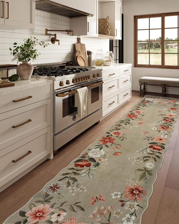 Lahome Floral Hallway Runner, 2'6''x10' Soft Washable Runners for Hallways | Non Slip Ultra-Thin Kitchen Runner Stain Resistan Carpet for Entryway Bathroom Flore, Brown