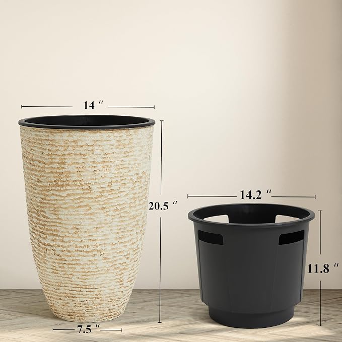 Worth Garden 21" H Beige Tall Planters set of 2 with Inside Pots - 14'' Dia Plastic Large Round Plant Tree Pots with Drain Hole - Decorative Imitation Stone Finish for Indoor Outdoor Front Porch Patio