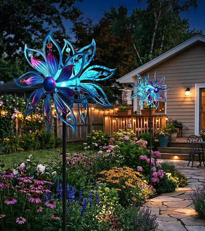 Solar Wind Spinner Outdoor Mandala Kinetic LED Garden Yard Art Decor | Hand-Crafted Art, 3D mandala wind spinner, Whisper-quiet dual bearings, Stable 5-prong stake, Blue Purple Fade