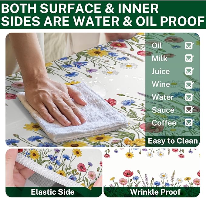Picnic Table Cover with Bench Covers Elastic Edges, Wildflower Floral Camper Fitted Table Cover, Outdoor Camping Essentials 72 Inch 3PCS, Waterproof Camping Fitted Tablecloth with Drawstring Bag
