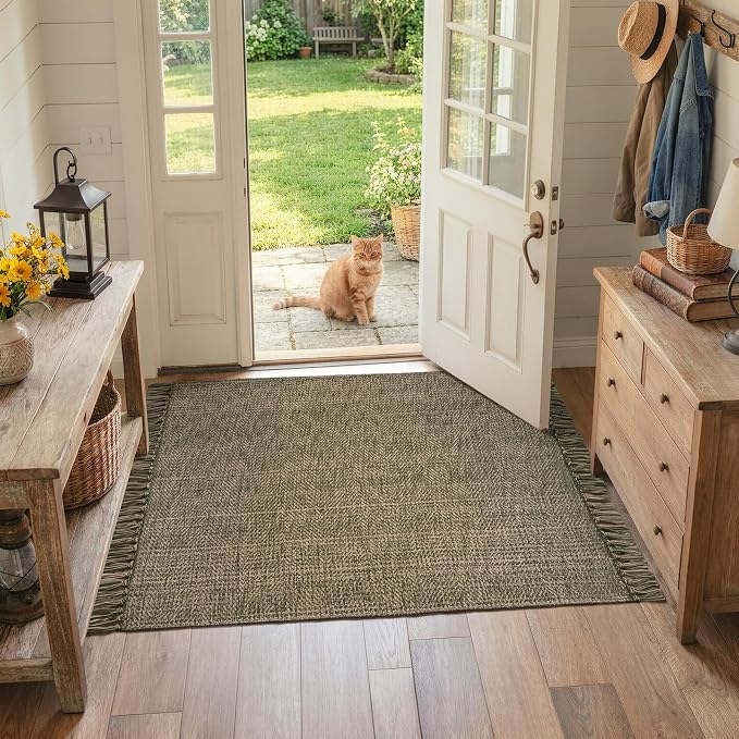 3' x 5' Indoor Entryway Rug, Boho Farmhouse Moss Green Kitchen Rug | Modern Hand-Woven Soft Bedside Rug Low Pile Front Door Mat, Washable Bathroom Rugs for Laundry Nursery Bedroom Patio