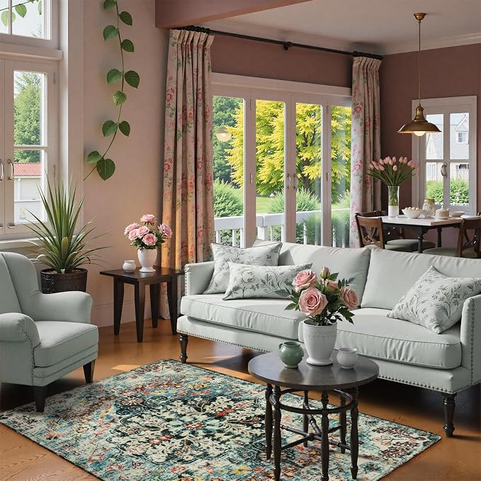 Lahome Reine Bohemian Floral Medallion Area Rug - 4x6 Teal Soft Bedroom Rug Washable Entryway Mat, Non Slip Pet Friendly Indoor Floor Accent Carpet for Bathroom Mudroom Basement Studio