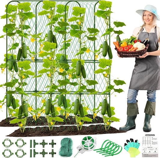 Cucumber Trellis for Raised Bed, Tall Metal Garden Trellis for Climbing Plants Outdoor with Netting, Gloves, Garden Tools, Trellis for Vegetables Plant Support Peas Fruit Flower Grape