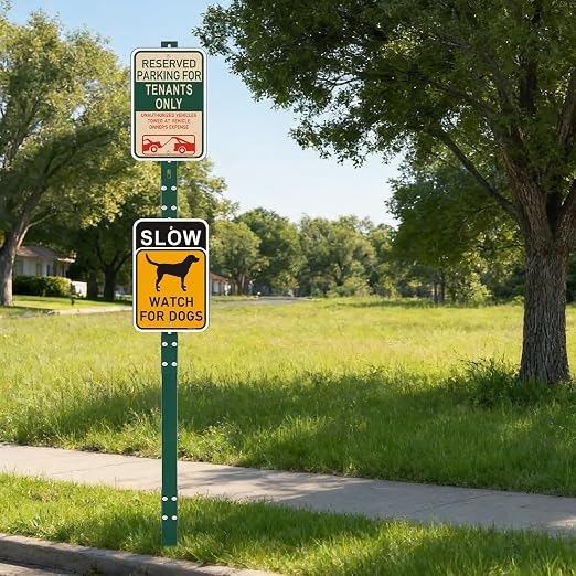 8 Ft Sign Post for Outside, Heavy Duty Yard Signs Stakes, 96 inch Metal Lawn Pole with Holes for Events, Parking, Garage, Bar, Easy Assembly,Rust-Resistant Durable DIY 2Pcs Green