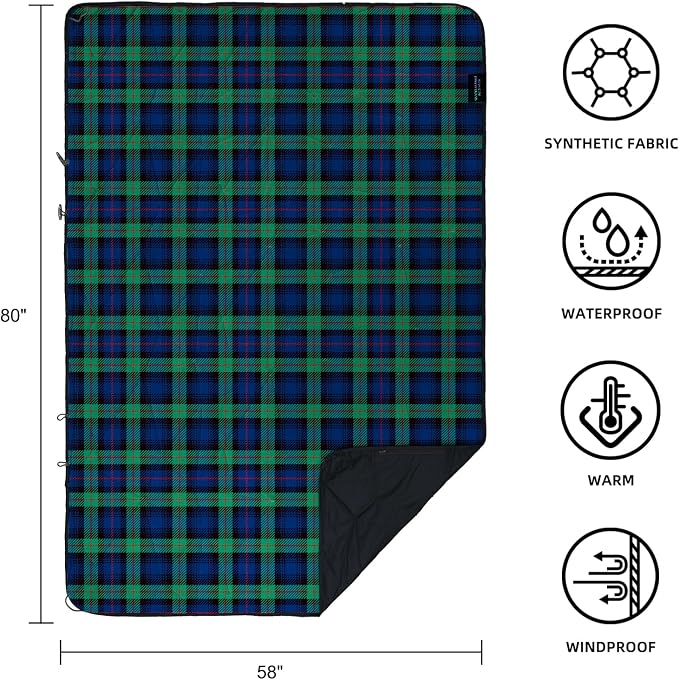 Large Waterproof Outdoor Blanket Thick Fleece 80" x 58" | Windproof Stadium Blanket, Wearable Poncho, Machine Washable for Camping, Car, Pet, Picnics - Green Check