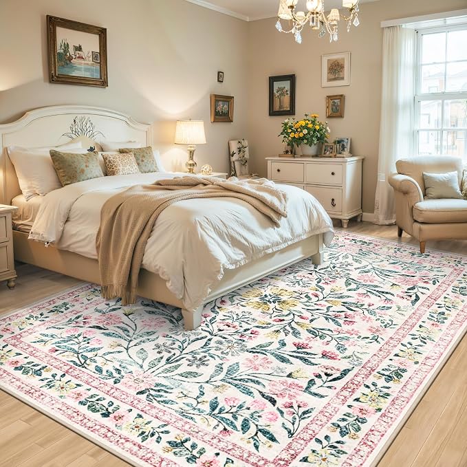 PLHXFR Area Rug Living Room: 5x7 Floral Washable Boho Carpet Pink Green | For Bedroom Dining Room Farmhouse Nursery Hallway,Vintage Floral,Machine washable,Non Slip,Stain Resistant,Large Indoor
