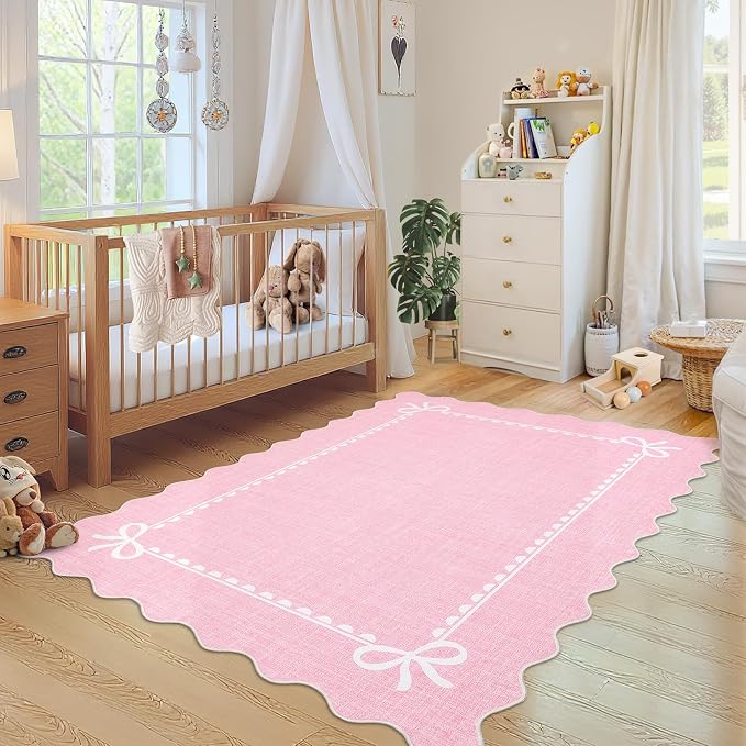 GarveeHome Scalloped Bow Rug 3x5 Washable Pink Rugs for Bedroom Living Room | Non Slip Soft Low Pile Indoor Carpet for Nursery Girls Bedroom Decor Hallway Kids Room College Dorm Playroom