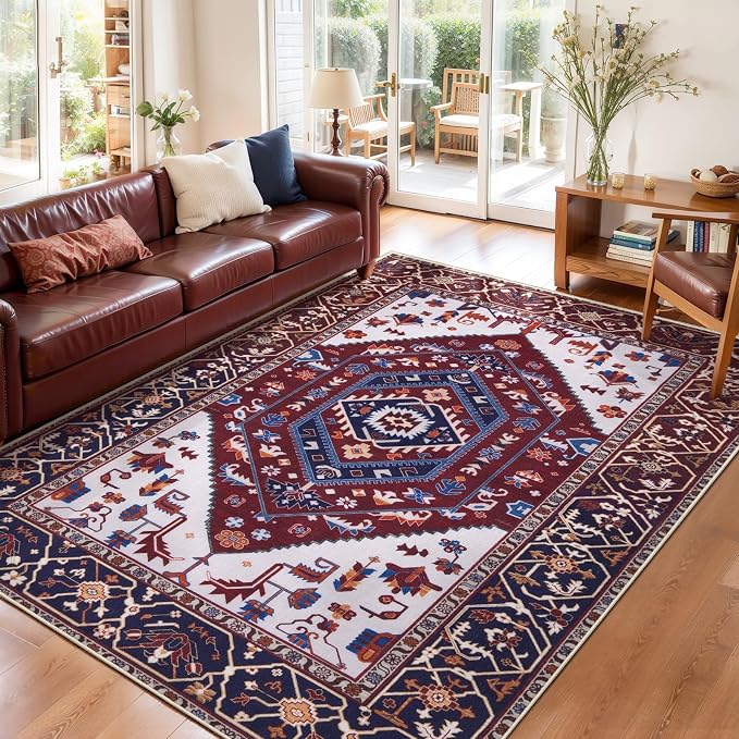 SERISSA 3x5 Washable Non Slip Boho Area Rug for Bedroom | Ultra Soft Vintage Oriental Carpet Low-Pile Burgundy Navy Throw Rug Carpet for Entry Living Room Nursery Kitchen Dorm Decor