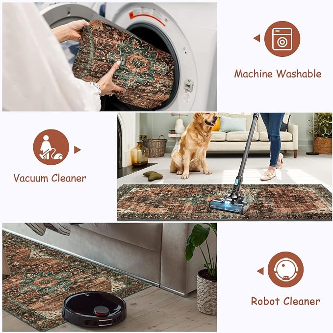 Moynesa Ultra-Thin Washable Runner Rug - 2x7 Kitchen Runner Stain Resistant Hallway Mat, Non-Slip Non-Shedding Bathroom Laundry Carpet Runner for Front Door Bedside Camper, Brick Red/Dull Teal