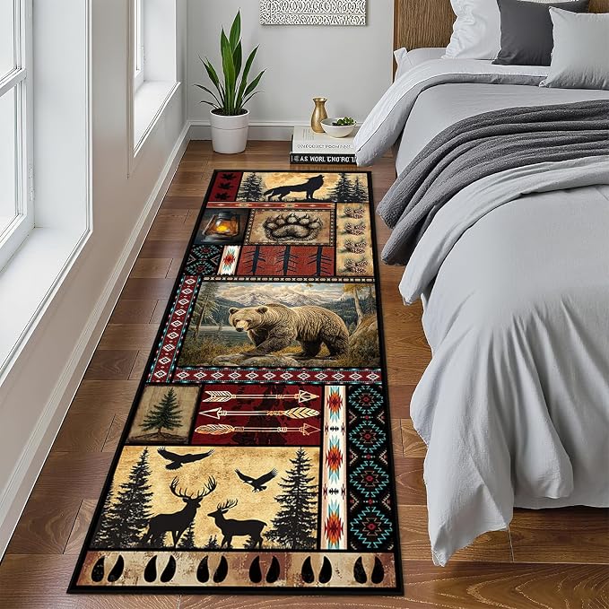 Cabin Runner Rug 2x6 for Hallway, Rustic Bear Area Rug, Western Decor Non-Slip Low-Pile Machine Washable Indoor Floor Carpet for Living Room Bathroom Kitchen Laundry Room