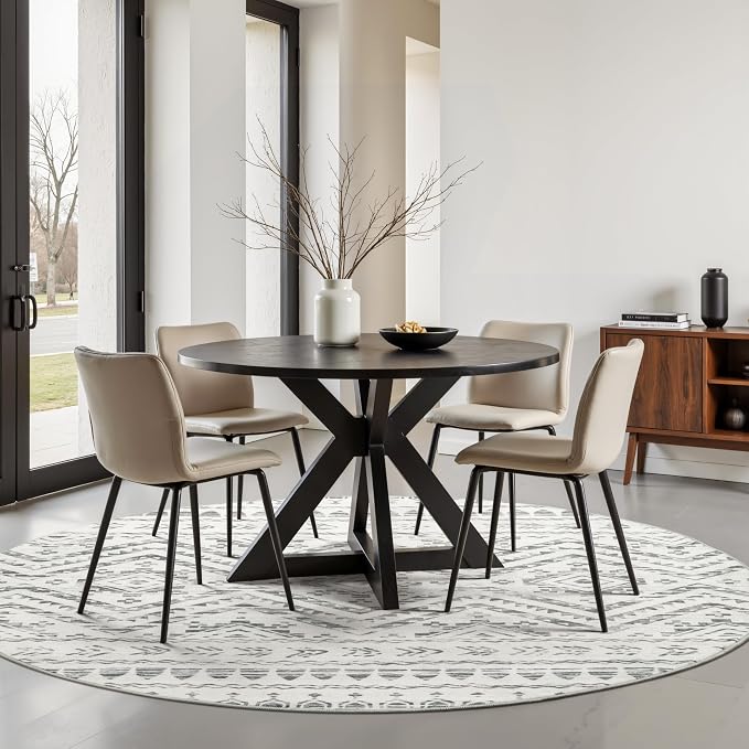 Miukiki Round Rugs 6ft for Living Room Moroccan Washable Circle Rug Grey | Non Slip Indoor Floor Carpet Foldable Area Rug for Dining Room with Low Pile 6ft