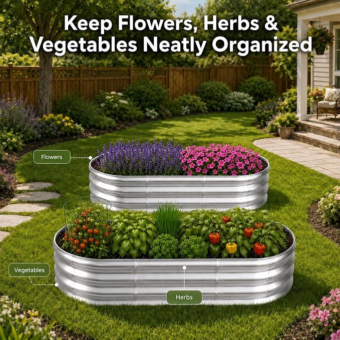 HOOPLE 2 Pack 8x4x1FT Galvanized Raised Garden Beds for Vegetables, Large Oval Metal Planter Box Outdoor, 32 Cu Ft Deep Open Bottom Garden Bed Kit for Backyard, Flowers, Herbs & Deep-Rooted Plants