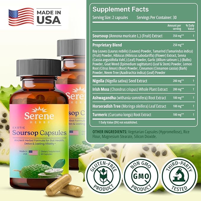 Serene Herbs Graviola Soursop Capsules Organic - Guanabana Extract Pills with Black Seed, Irish Moss & Moringa - 16 Herb Daily Supplements & Digestive Support - Vegan, Non-GMO (60 Count (Pack of 2))