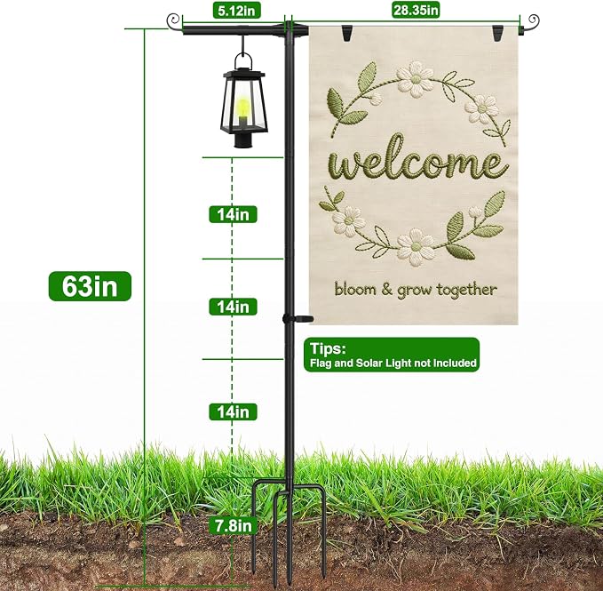 Garden Flag Stand Holder with Shepherd Hooks for 28 x 40 Flag, 63 Inch Height with 3/4 Inch Extra Thick Heavy Duty Garden Flag Pole with 4 Prong Base for Outside Home Yard Patio Decor