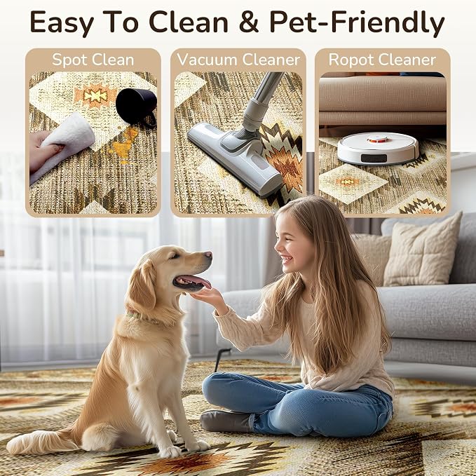4'x6' Washable Area Rug for Living Room Bedroom Cream/Camel | Soft Western No Slip Low Pile Print Foldable Indoor for Kitchen Dining Room