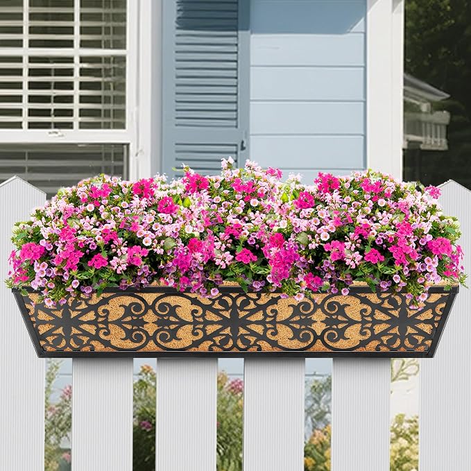 4 Pack 30 Inch Window Boxes Planters Railing Planter Box with Adjustable Brackets & Coco Liners Fabric Plant Grow Bags Deck Railing Planter Boxes Balcony Hanging Flower Box for Outdoor Plants