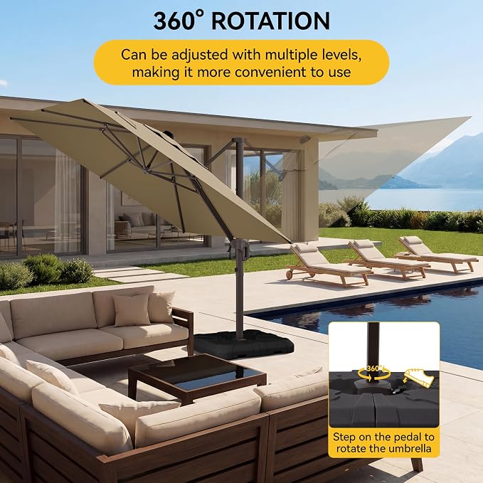 10x10FT Cantilever Outdoor Umbrella, 360° Rotating Large Offset Square Patio Umbrella, Ideal for Garden Backyard Deck Courtyard, Brown