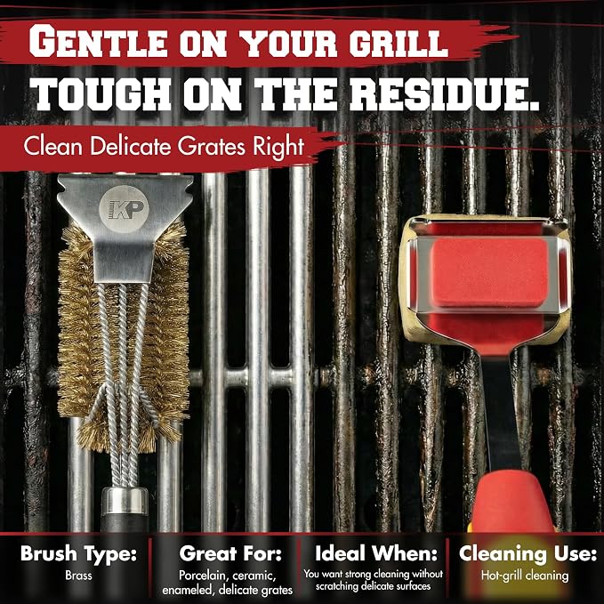 Kitchen Perfection Brass BBQ Grill Cleaning Brush and Scraper -GrillSaver | Safe Brass Wire Bristles for Porcelain & Ceramic Grates, Replaceable Head, Magnetic Hanger, Bottle Opener & 3 Ebooks