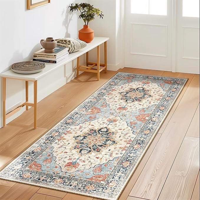 RELEANY Washable Area Rug, Runner 2'x5', Beige/Blue/Orange | Non-Slip, Water Repellent, Pet Friendly, Easy to Clean, Vintage Floral Boho Decor for Kitchen Entry Bedroom Bedside Laundry