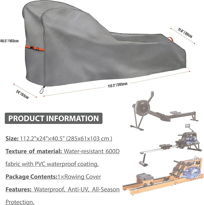 Rowing Machine Cover Waterproof Heavy Duty Outdoor Rower Cover Fits 112" | fits most rowers,UV resistant, dustproof, outdoor gym equipment cover with buckle windproof design, gray with orange straps