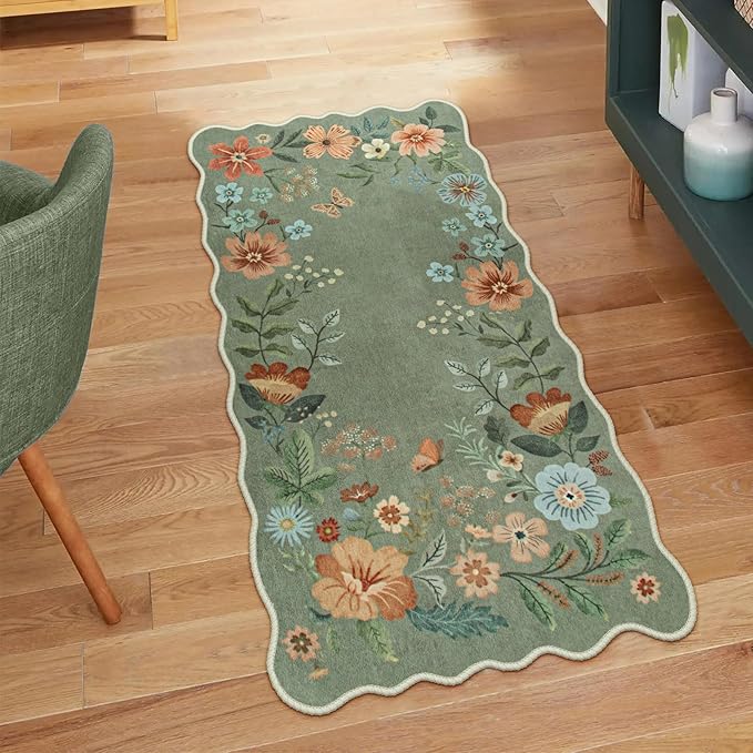 Lahome Floral Rugs for Entryway, 2x4 Washable Kitchen Rugs Ultra-Thin Soft Rug, Non Slip Indoor Door Mat Stain Resistant Boho Small Throw Carpet for Bathroom Bedroom Flore (2x4ft,Green)
