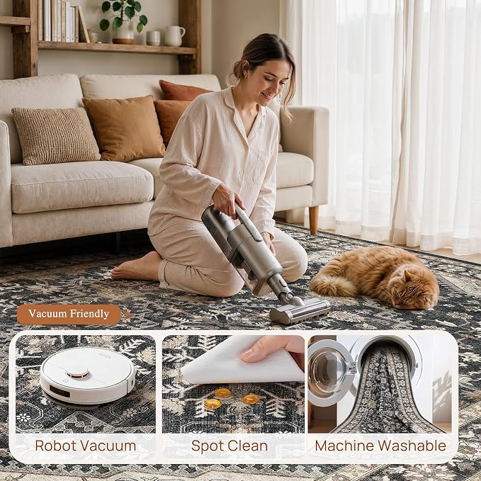DTICON Vintage Washable 6x9 Area Rug Living Room Rugs, Black | Boho Distressed, Pet & Kid Friendly, Non-Slip Backing, Soft Polyester, Low-pile Carpet for Living Room, Bedroom, Dining Room